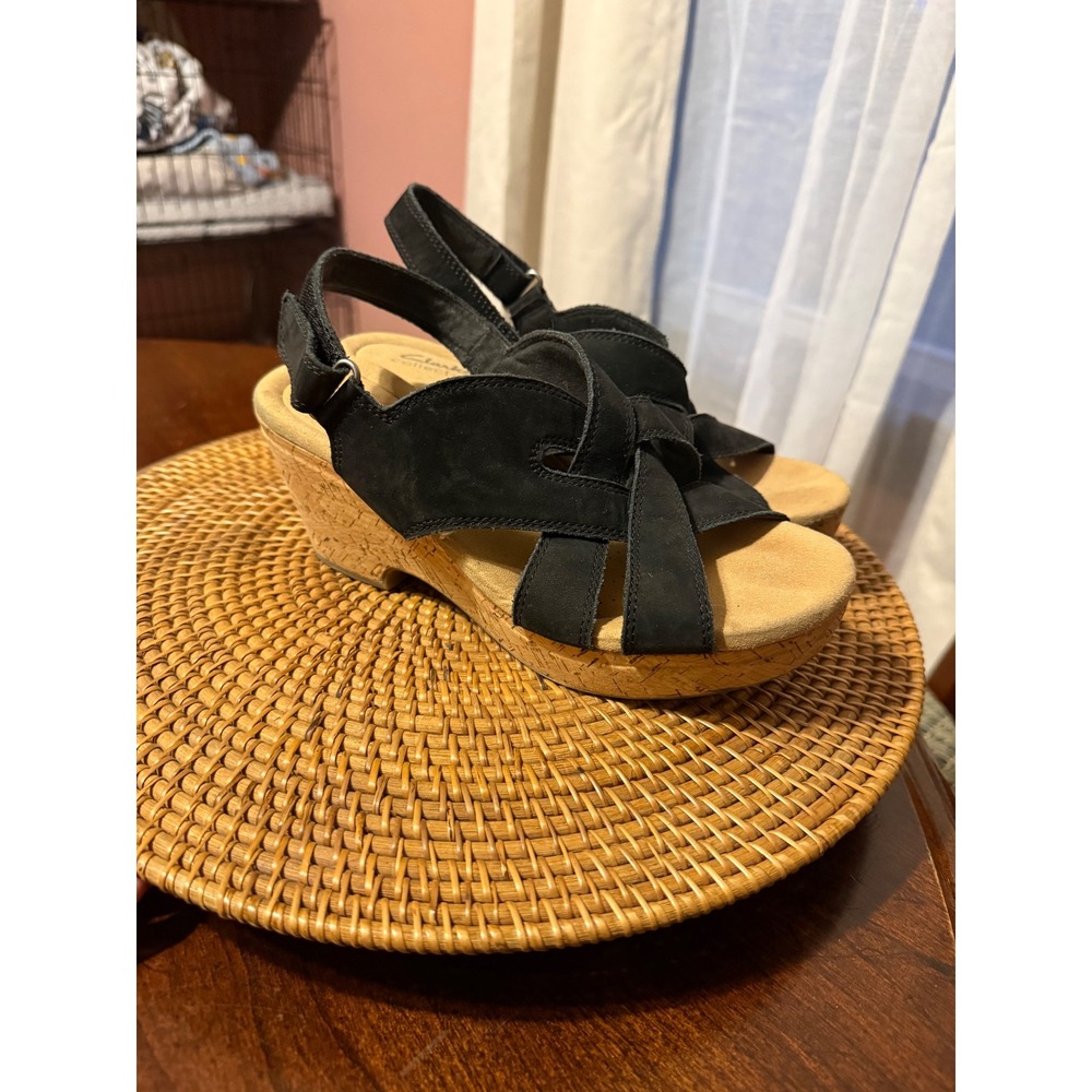 Clarks Collection Black Nubuck Cork Wedge Sandals 261731324060 Womens 8.5 M